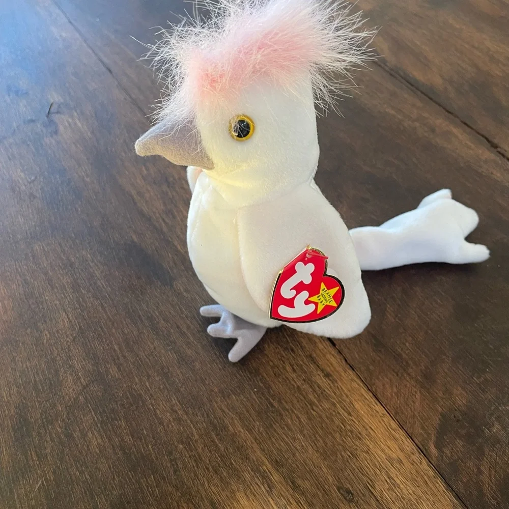 Ty Beanie Plush Trio - White & Pink Cockatoo, Blk Scottie, Blue-Green Chameleon